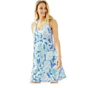 Lilly Pulitzer Patterson Dress Bay Blue Into the Deep Sz XS 100% Linen